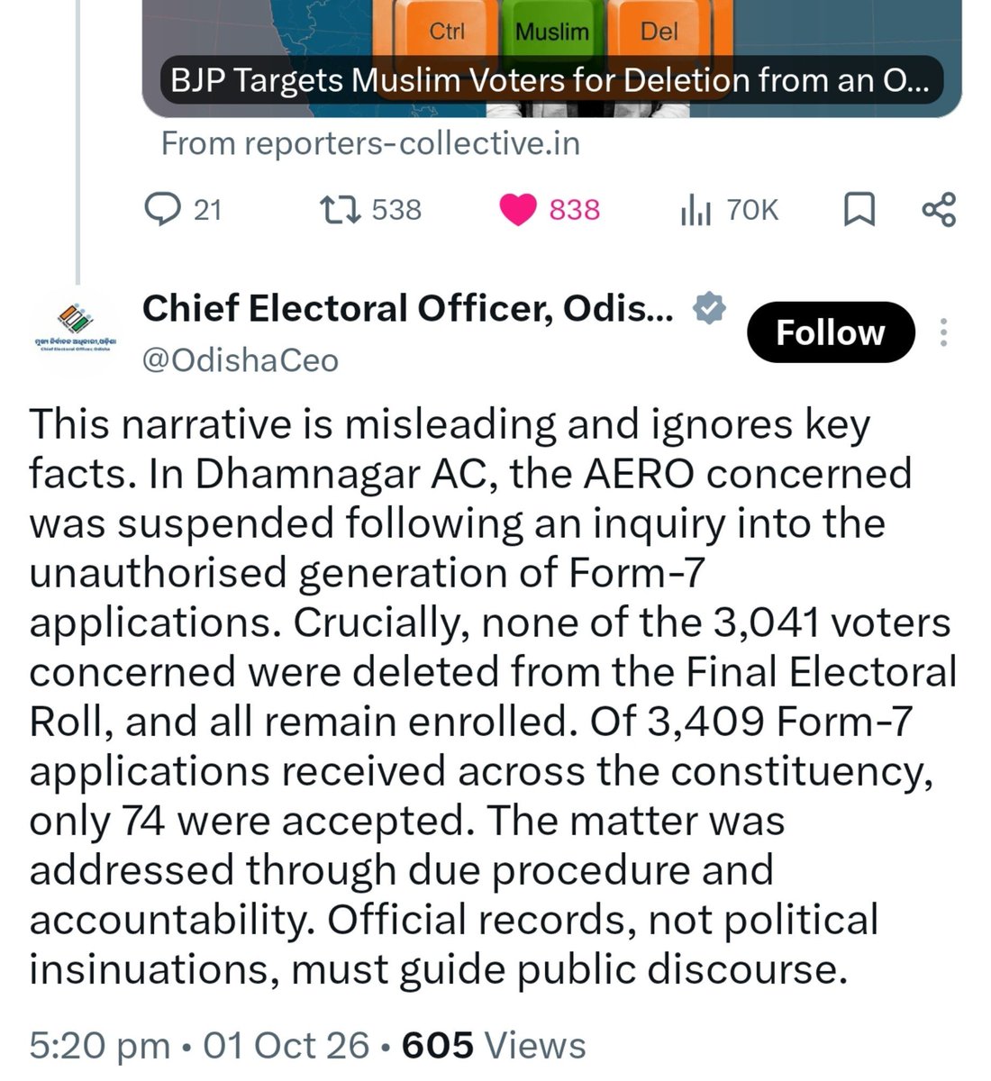 sisupalagarha's tweet photo. In Bhadrak, BJP booth agents misused Form-7 to delete names of Muslim voters from the list but after complaints, the AERO was suspended and almost all the names were re-enrolled.

Is this the reason why Gyanesh Kumar forced the Odisha Chief Electoral Officer to take VRS? https://t.co/fOKk10Oh8i