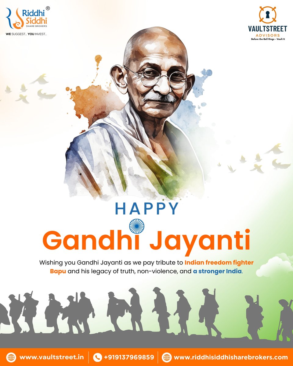 vault_street's tweet photo. 🇮🇳 Happy Gandhi Jayanti

On the birth anniversary Mahatma , we remember the timeless values truth, integrity, simplicity and  — principles that continue to inspire generations.

May his vision inspire us to build a stronger, more responsible and united India. 🇮🇳

Warm wishes from  
Riddhi Siddhi Share Brokers × VaultStreet Advisors

#GandhiJayanti #MahatmaGandhi #GandhiJayanti2026 #Truth #Integrity #Peace #India #RiddhiSiddhiShareBrokers #VaultStreetAdvisors