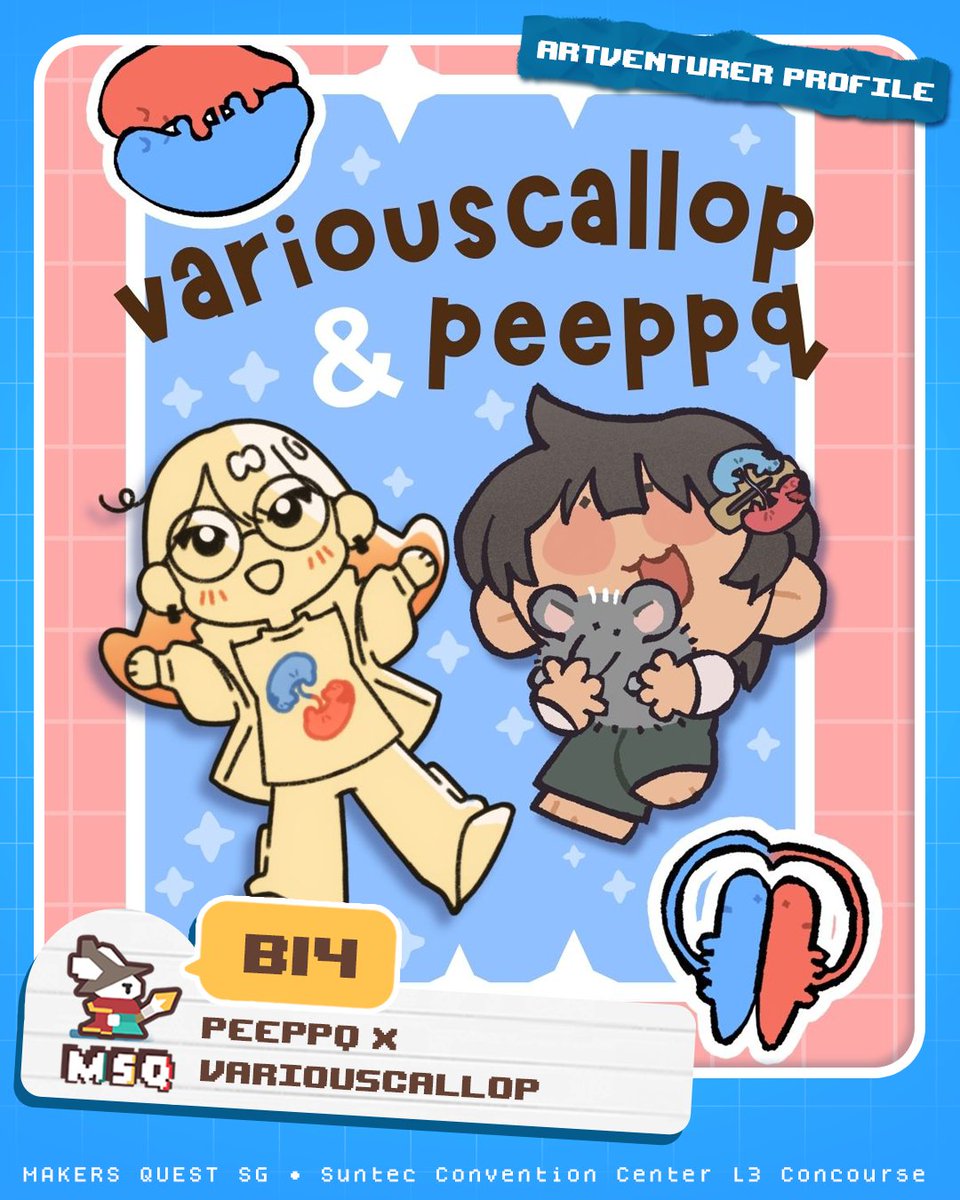 MakersQuestSG's tweet photo. ✨A curious party of creators awaits!✨

B14- peeppq x variouscallop
B30- tunayaki and co.
B15- vegetable villa
A38- Two Chud Buns

📍Makers Quest SG
Suntec Concourse L3
17 Oct 2026
10am-7pm
Check out the full map on our website! #msqsg2026 https://t.co/It5XDXdefE