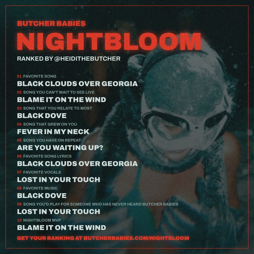 ButcherBabies's tweet photo. ‘NIGHTBLOOM’ is LIVE 🌙❤️‍🔥🤩 Where do you rank the songs? 
Head over to https://t.co/SAnvIhzFEp to show us your NIGHTBLOOM DNA! https://t.co/mq0lnIa0i6