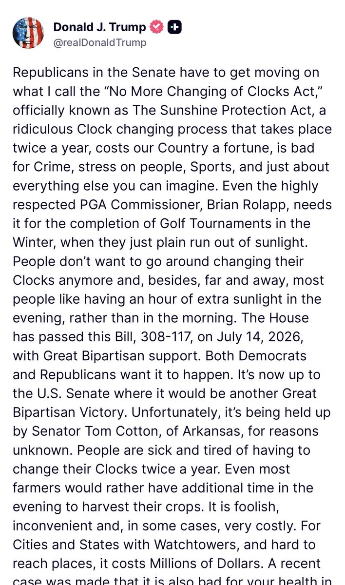 alx's tweet photo. A very long post from President Trump on the ‘No More Changing of Clocks Act’ https://t.co/N6wjT2QYAk