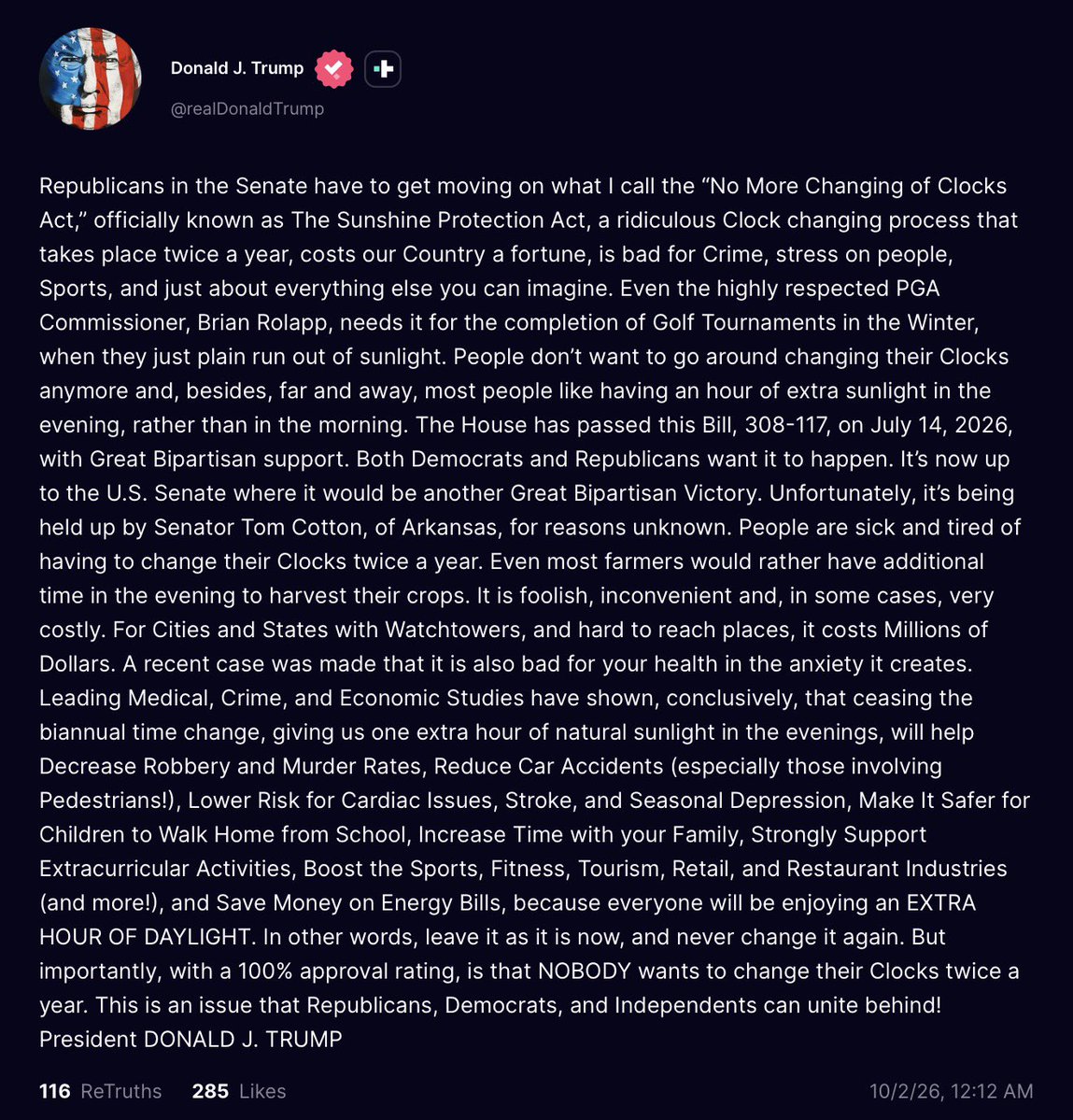 ginamilan_'s tweet photo. 🚨 Trump wants the Senate to pass a bill that ends clock changes and keeps daylight saving time all year.

The House already passed it. He says Senator Tom Cotton of Arkansas is the one holding it up. 

So what’s the issue, @SenTomCotton? 🤔 https://t.co/Do830RivW8