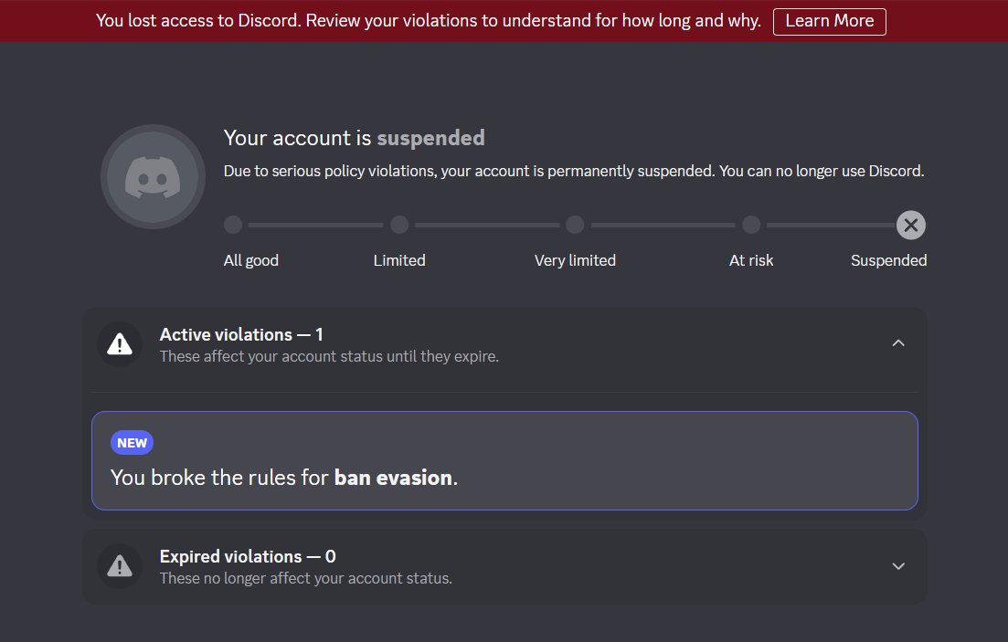 slushly_'s tweet photo. I made an alt just to talk to my friends, inform my viewers what to expect from my channel in the coming weeks and make videos so I can sustain my income and live comfortably.

 It also got banned.

I truly can't have anything, mind you, none of this would be an issue if @discord or @discord_support could just respond to my initial requests to appeal my ban on my main discord account.

I'm speaking to AI Robots in the support forums, that being said I seriously don't understand why it takes multiple days for an AI to respond to me.

If I could just get 10 minutes in a conversation with a human being I would be able to appeal this ban.

But no, I can't do that, and now my alt is banned until October 2nd 2028. Fantastic.

I've seriously approached discord as politely and kind as possible. And I still will be cordial to whatever bots or humans I speak to next, but as of right now, there's literally nothing I can do. I'm forced to be isolated and I can't work on my only source of income.

Absolutely ridiculous.