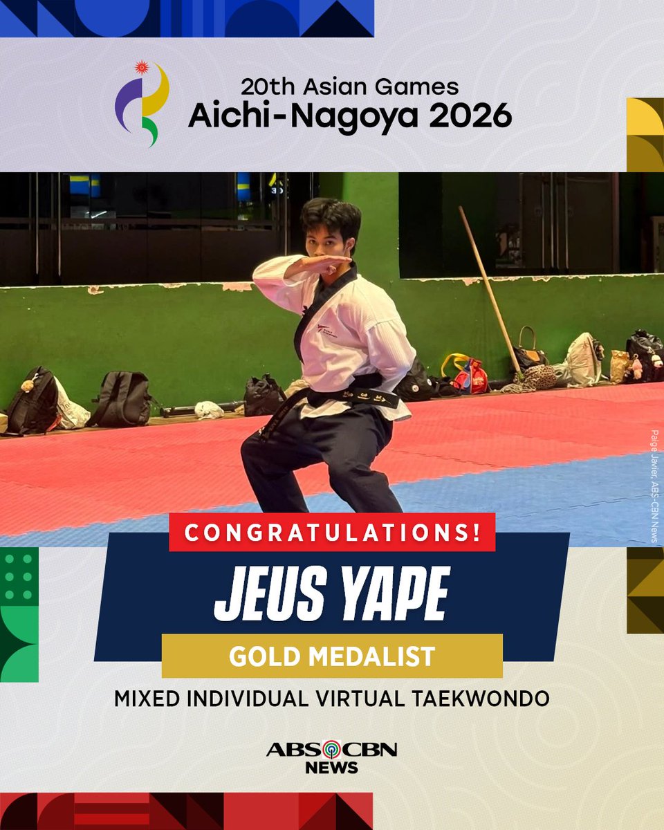 ABSCBNNews's tweet photo. FROM BRONZE TO GOLD! 🥇 

A day after clinching bronze, Jeus Yape gets gold at the Mixed Individual Virtual Taekwondo event at the 20th Asian Games.  

Yape defeated Vietnam's Ngoc Tuyet Sang Chau, 2-0, in the final held at the Toyohashi Gymnasium. | via @PaigeJavier https://t.co/X9pCopTiD9