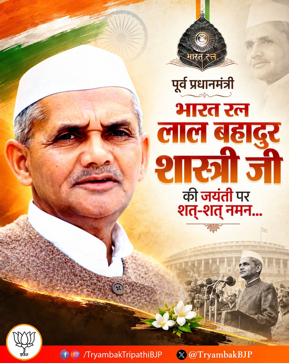 TryambakBJP's tweet photo. देश को “जय जवान, जय किसान” का नारा देने वाले, देशभक्ति एवं सादगी की प्रतिमूर्ति, भारत रत्न एवं पूर्व प्रधानमंत्री श्री लाल बहादुर शास्त्री जी की जयंती पर उन्हें शत्-शत् नमन। https://t.co/PPvh24A8Qf