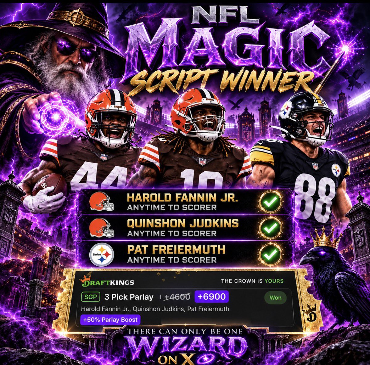 TheWizardofWins's tweet photo. Like/Rt/Comment $100 to a follower who Believes in the Wiz 🧙‍♂️

THE MAGIC HIT DIFFERENT AT +6900 🪄

Harold Fannin Jr Anytime TD Scorer✅
Quinshon Judkins Anytime TD Scorer✅
Pat Freirmuth Anytime TD Scorer✅

There can only be one Wizard on X 💫 https://t.co/QpJLokriKl
