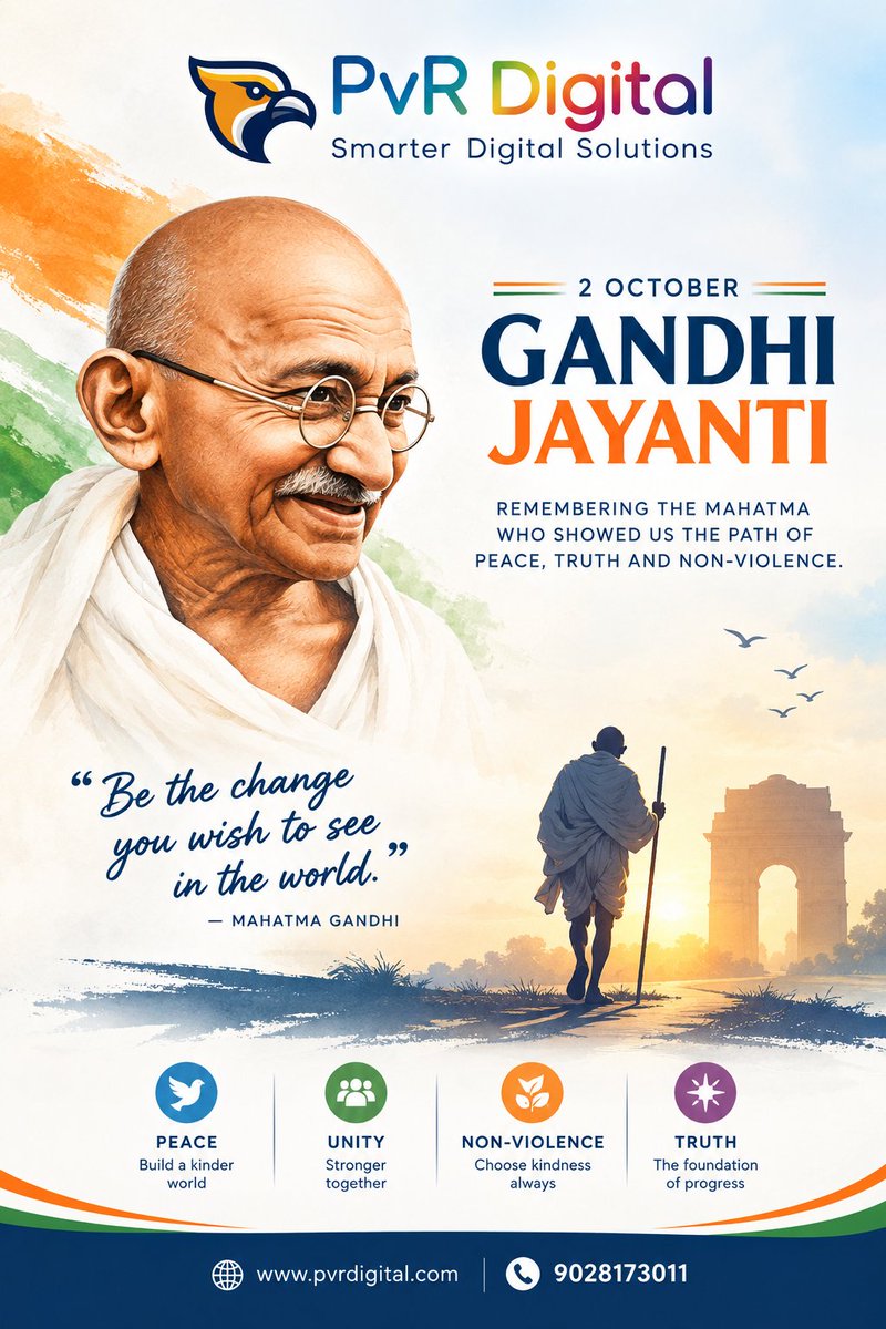 PvR_Digital's tweet photo. A legacy of truth. A vision of peace. A message of non-violence. ✨

Let’s honour Mahatma Gandhi by choosing kindness, practicing honesty, and spreading peace every day.

#GandhiJayanti #MahatmaGandhi #PeaceAndHarmony #PvRDigital https://t.co/wkvBHFq48E