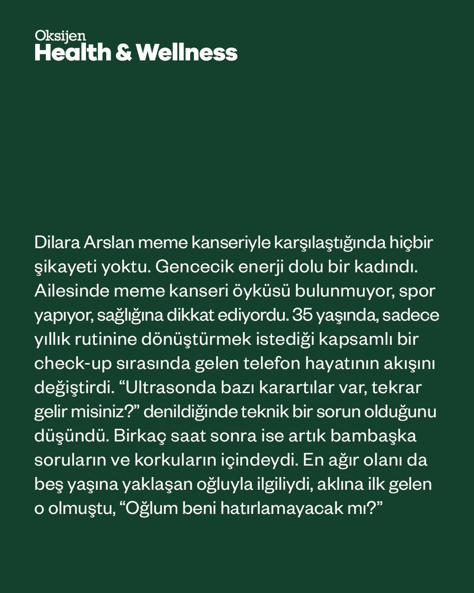 GazeteOksijen's tweet photo. 35 yaşında rutin bir kontrolde meme kanseri olduğunu öğrendi. Dilara Arslan, ameliyat, 16 kemoterapi ve radyoterapi sürecinde hem küçük oğlunun annesi hem de şirketinin yöneticisi olmaya devam etti.

Bugün yaşadıklarını kadınların erken tanı konusunda daha dikkatli olması için anlatıyor. Ancak “savaşçı” ve “çok güçlüsün” söylemlerine özellikle karşı çıkıyor. Sebebi çok net: “Aynı sonucu alamayan insana güçsüz mü diyeceğiz?”

Elif Ergu'nun (@ElifErguDemiral) Dilara Arslan ile röportajı Oksijen Health & Wellness gazetesinde.

https://t.co/CLG1TpLBqr