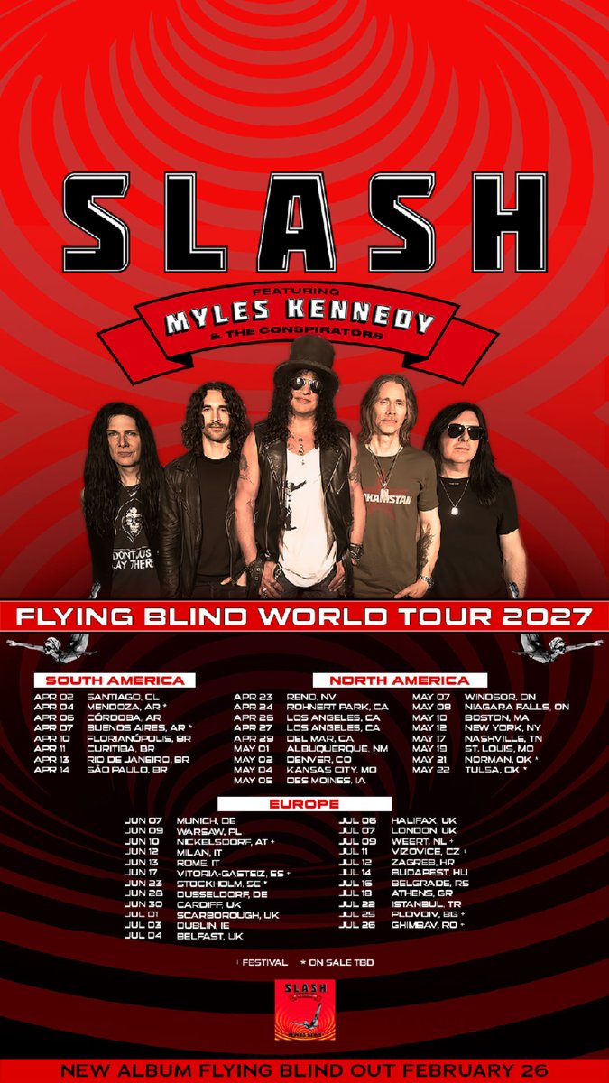 SlashFrance's tweet photo. #Slash feat #Myles Kennedy And The Conspirators Flying Blind World Tour 2027 🤘 ***More dates should come *** #SlashNews #SMKC https://t.co/VbKflcylyK