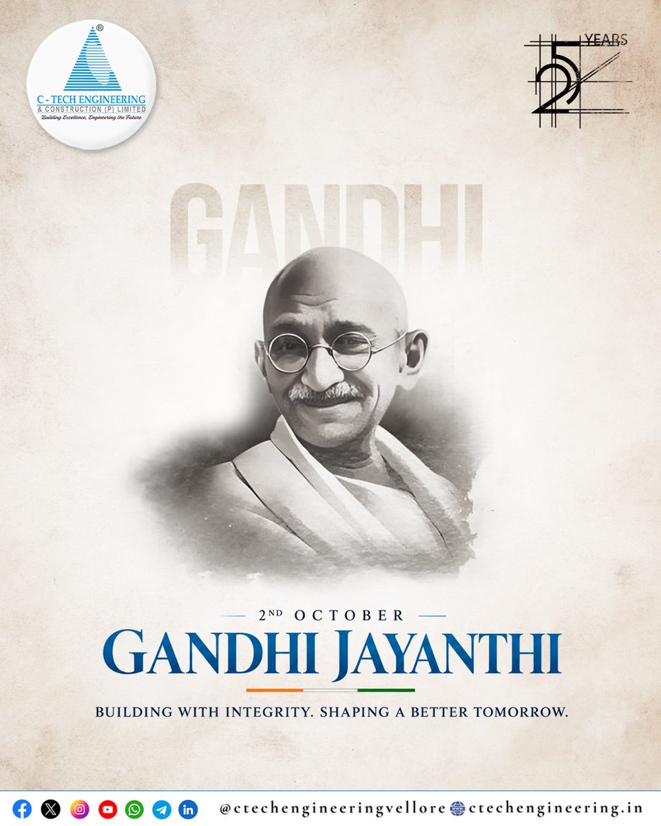 CtechEngVellore's tweet photo. 🇮🇳 Gandhi Jayanti 2026

Remembering Mahatma Gandhi and the enduring values of truth, integrity and responsible action.

Building with Integrity. Shaping a Better Tomorrow.

#GandhiJayanti #MahatmaGandhi #Integrity #CivilEngineering #Construction #CTechEngineering https://t.co/RetZ0KOpr0
