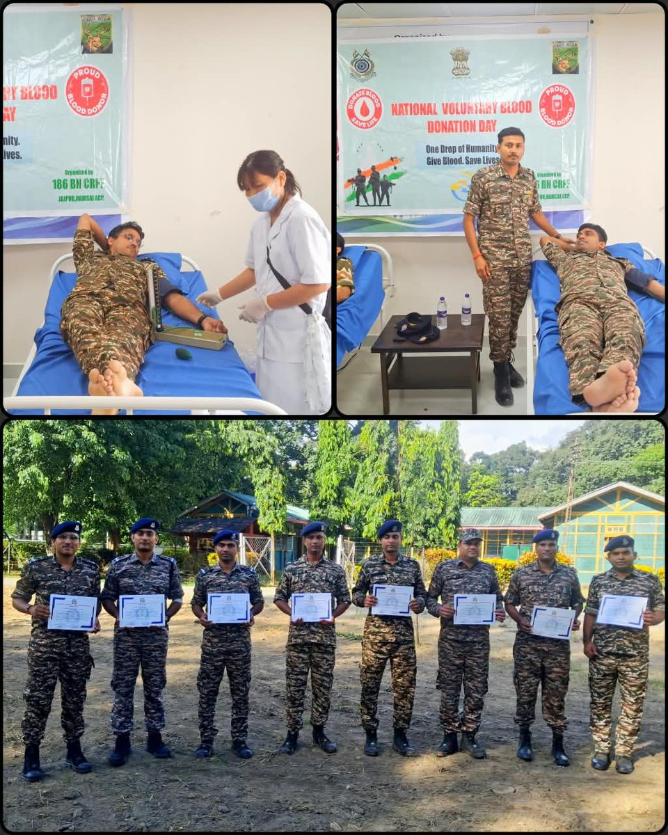 186bn's tweet photo. 186 Bn CRPF observed National Voluntary Blood Donation Day with personnel voluntarily donating blood under the theme, “One Drop of Humanity. Give Blood. Save Lives.” 🩸

A noble act of service, compassion &amp; humanity. 🙏Ok https://t.co/LxrdNvqeEE