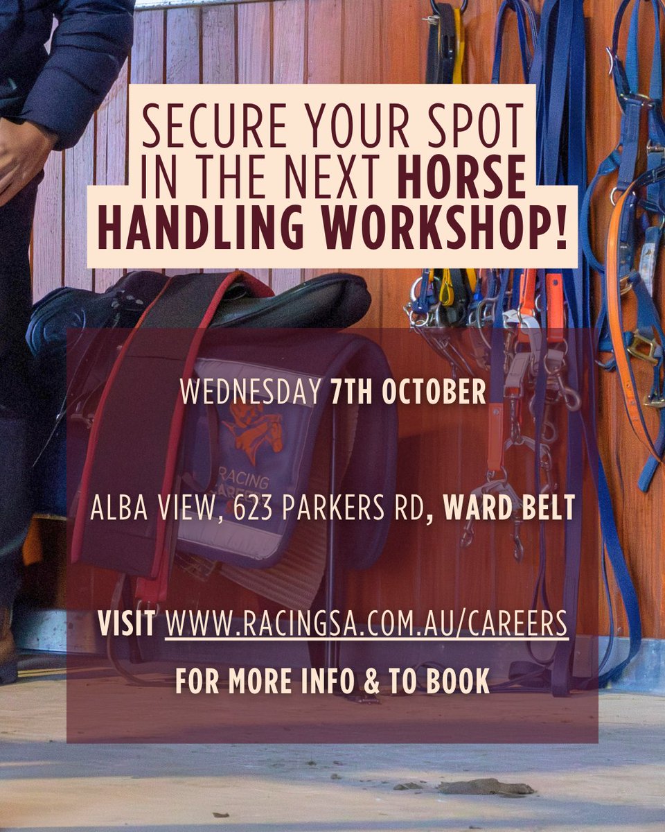 RacingSA's tweet photo. Dreaming of a hands-on career with horses but unsure how to start?

Join Racing SA’s Horse Handling Workshop for a beginner-friendly introduction to safe horse handling &amp; to explore career paths in the racing industry.

Discover more &amp; secure your spot: https://t.co/8CFYM7XNoB https://t.co/c3tILCE2Fo