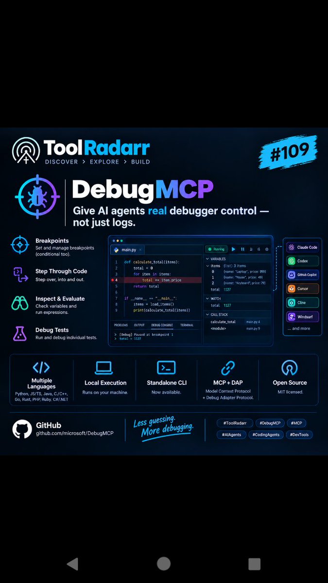Tool_radarr's tweet photo. #109
What if your AI coding agent could actually debug?
DebugMCP gives agents real debugger control:
β’ Breakpoints
β’ Step through code
β’ Inspect variables
β’ Evaluate expressions
β’ Debug tests
β’ MCP + DAP
β’ Local & open source
#ToolRadarr #debugmcp #CodingAgents https://t.co/0KLYqDegLw