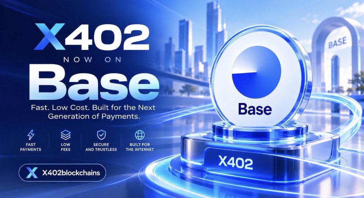 x402blockchains's tweet photo. ⚡ X402 is now on Base.

Fast payments. Low costs. Built for the next generation of onchain payments.

🔵 Powered by Base
🌐 Built for the internet

#X402 #Base #X402Blockchain https://t.co/FbG5Xz3nng