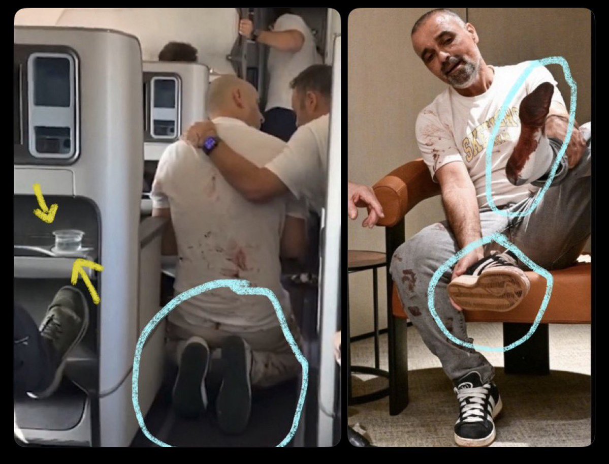 adamemedia's tweet photo. So we’re supposed to believe that:

1. This is a magical cup of water that doesn’t spill when planes are in nosedive. 

2. This guy has magic colour changing shoes. 

3. The oxygen masks didn’t drop…

We deserve better false flags. https://t.co/w8AODI0YkH