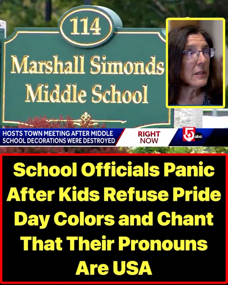 AmesStraight's tweet photo. 😂 Well, this school’s Pride celebration took an unexpected detour.

Students at Marshall Simonds Middle School in Massachusetts were encouraged to wear rainbow colors for a Pride observance.

Some students had a different idea.

They wore red, white and blue and reportedly started chanting that their pronouns were “USA.” 🇺🇸😂

Pride decorations were also damaged — which crossed  the line from protest into vandalism — and school officials responded with a letter to families and a community meeting addressing what they described as intolerance. 🙄

Middle schoolers chanting “MY PRONOUNS ARE USA” was definitely not on the lesson plan. 😂🇺🇸

This is freakin' hilarious.   🤣 Give those kids a medal!!! 👏 👏 👏 👏