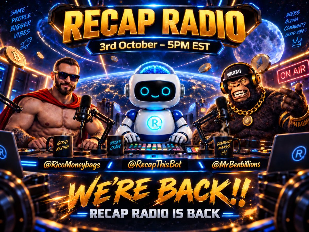 RicoMoneybags's tweet photo. Looking forward to the upcoming Recap Radio

Going to be a banger so dont miss it 🎯

🎙️Host: @RecapThisBot , @mrbenbillions &amp; yours truly
🗓️Date: 3rd Oct
⏲️Time: 5:30pm EST

https://t.co/cFMICr5lVs https://t.co/NEQxVF0fkl