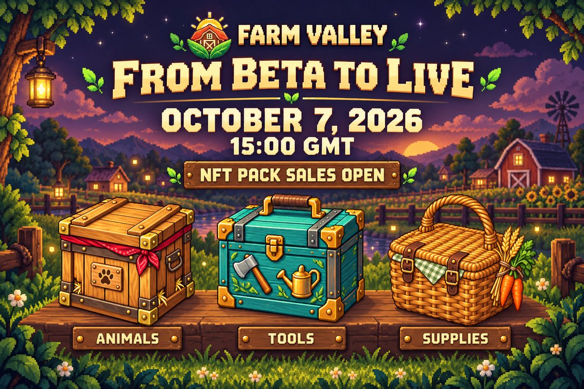 FarmValleyPlay's tweet photo. Beta was just the beginning. 🌾

Farm Valley goes LIVE on October 7 at 15:00 GMT, alongside the launch of Animal, Tool and Supply NFT packs.

The season begins. Your farm and progress carry over.

Which pack are you opening first?

#ETH $SOL #Robinhood #Web3 https://t.co/9QZYwwNp06