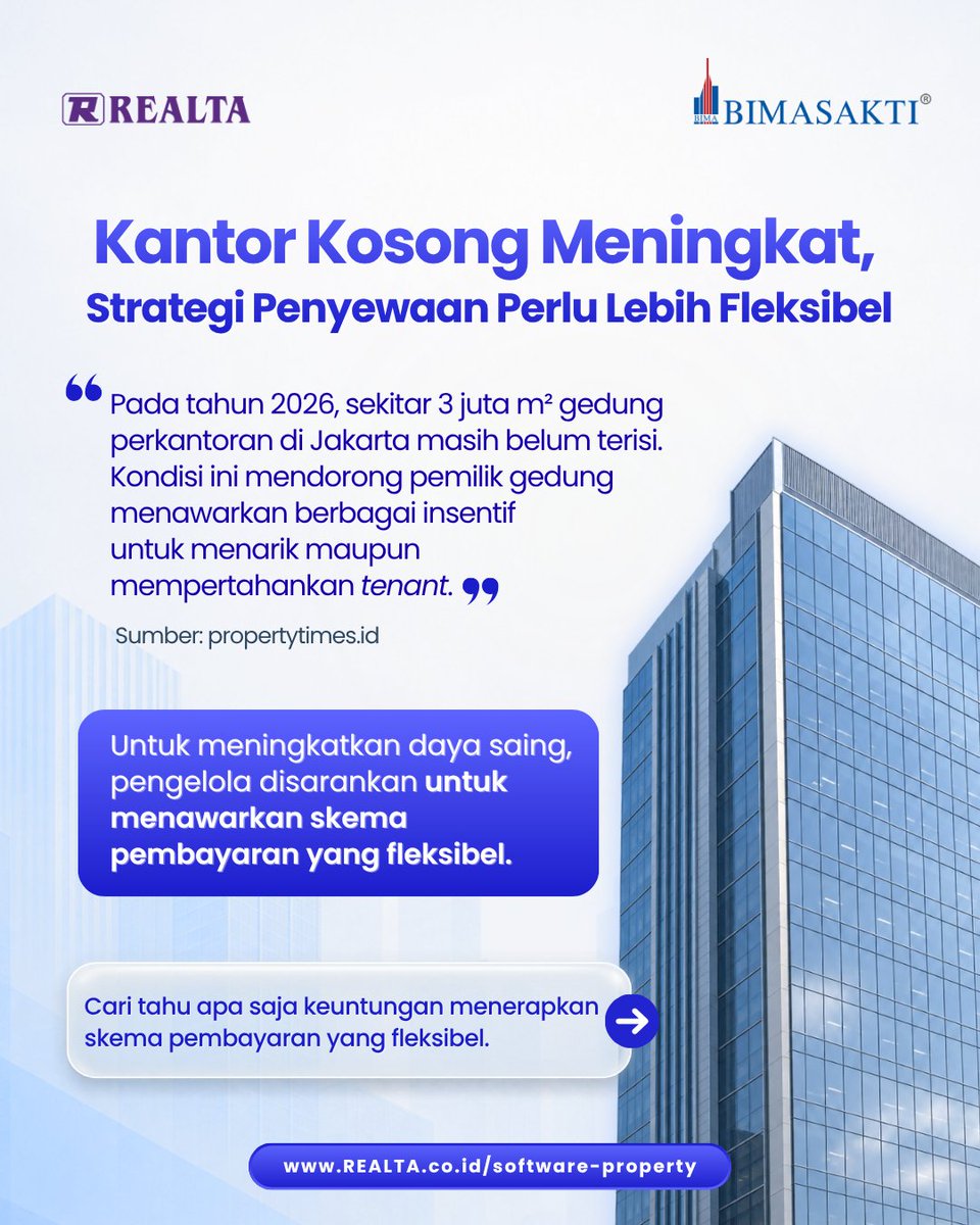 Realta_OneSol's tweet photo. Skema pembayaran yang fleksibel dapat membantu pengelola menyesuaikan kebutuhan tenant.

Dengan Bimasakti, jadwal pembayaran dapat diatur sesuai kesepakatan, data terhubung dari sales hingga operasional, dan reminder membantu tim menindaklanjuti pembayaran serta masa sewa. https://t.co/FlGPONkU0L
