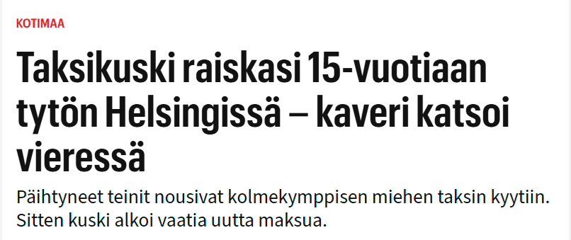 ReettaAngelvo's tweet photo. Taksikuski raiskasi 15-v tytön Helsingissä. Karmiva juttu.😢Tämäkin raiskaus onneksi selvisi, kun tyttö kertoi vanhemmilleen tapahtuneen, mutta kuinka moni #raiskaus jää piiloon siksi, että #tyttö ei uskalla kertoa aikuisille mitä on tapahtunut? #taksit https://t.co/U4UlMg8m3H https://t.co/Rn2beK2f9s