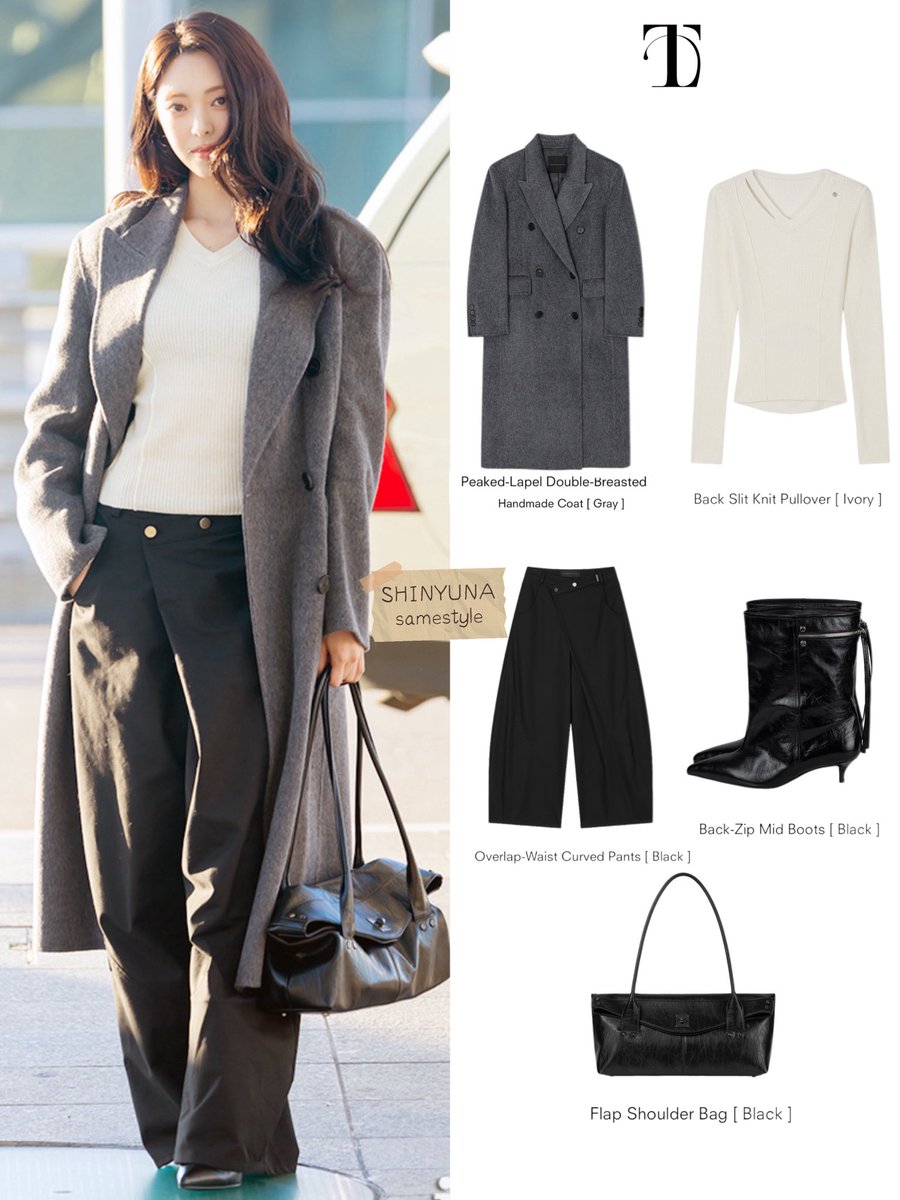 Yunasamestyle's tweet photo. 📆【261002】
✈️ Singapore

🏷️：TREEMINGBIRD
🧥：Peaked-Lapel Double-BreastedHandmade Coat [ Gray ]
👚：Back Slit Knit Pullover [Ivory ]
👖：Overlap-Waist Curved Pants [ Black ]
👢：Back-Zip Mid Boots [ Black ]
👜：Flap Shoulder Bag [ Black ]

#YUNA #유나
 #ITZY_YUNA #yunastyle https://t.co/sf3rmQ101y
