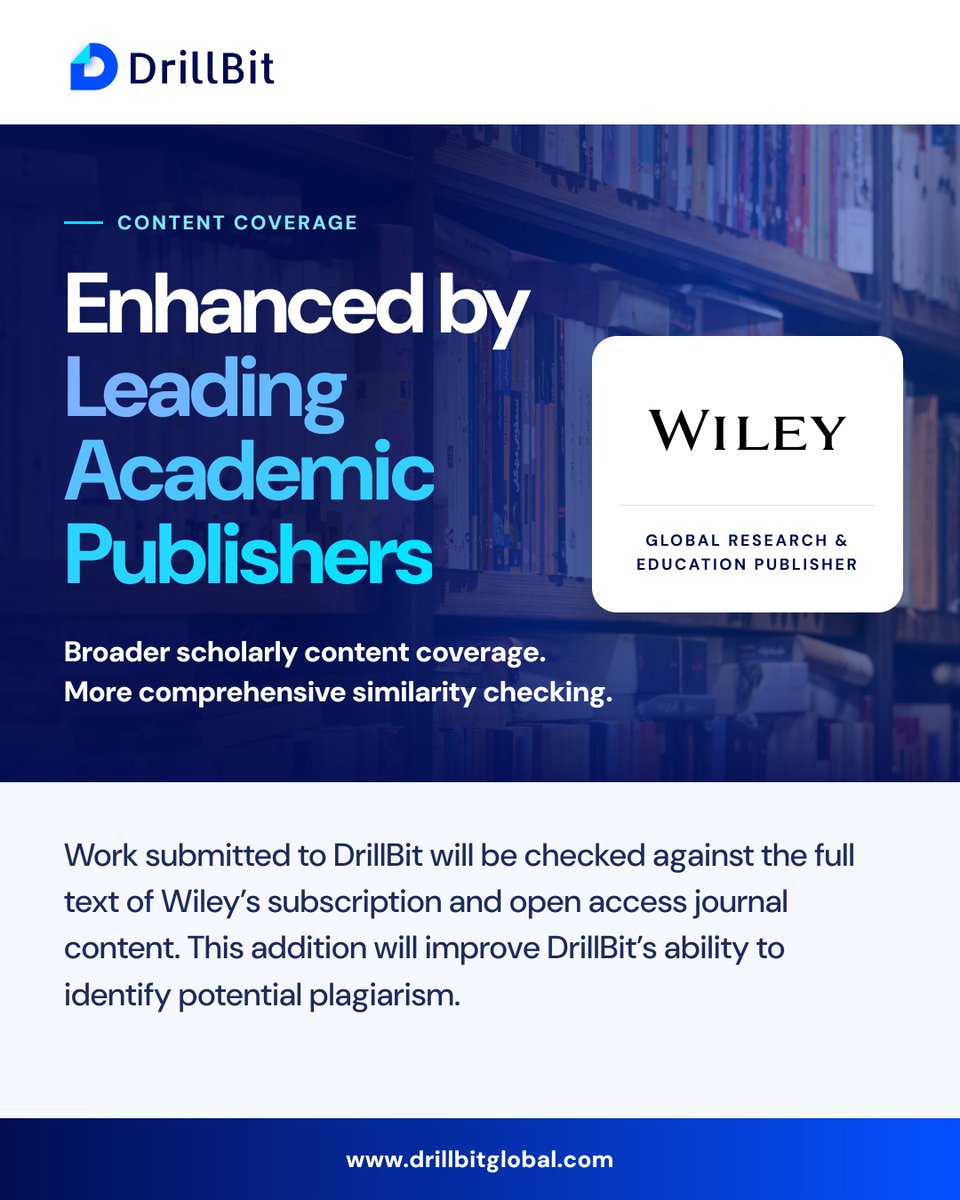 Drillbitglobal's tweet photo. 📢 Big news for academic integrity.

DrillBit now checks submissions against Wiley content, bringing widely cited subscription research into our database.

Thank you, Wiley, for your support.

🔗 https://t.co/WC5AUhTRAe https://t.co/ZrtiWzBQOL