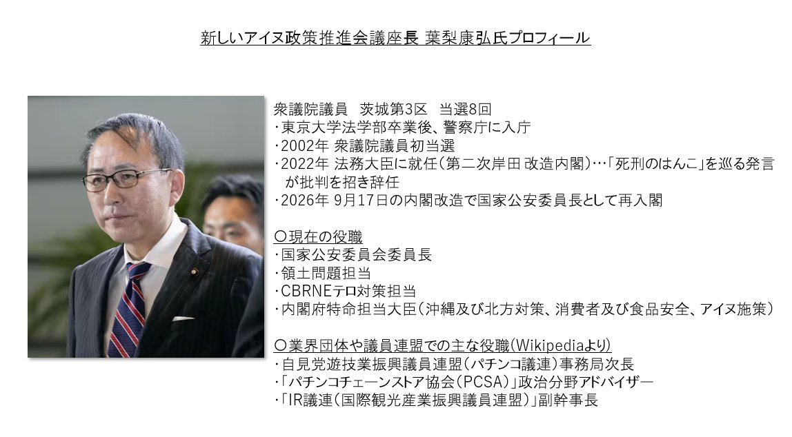 Banritta's tweet photo. 新しいアイヌ政策推進会議座長 葉梨康弘氏のプロフィールです https://t.co/Rk7cOMDKRm