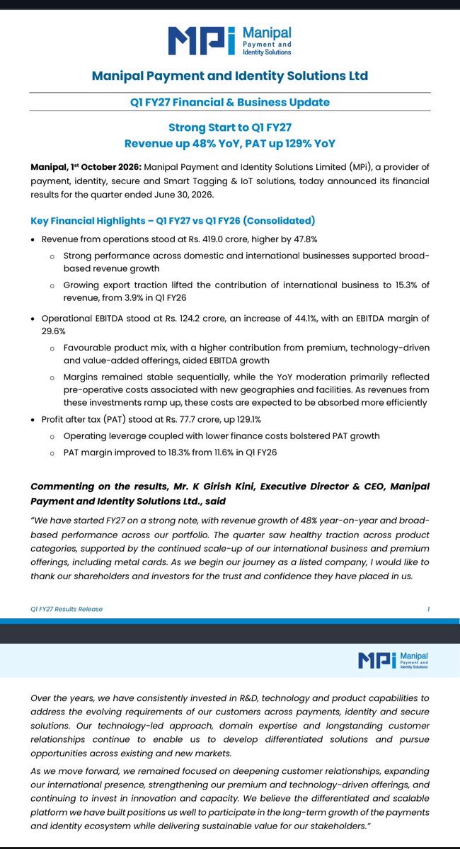 nid_rockz's tweet photo. Manipal Payment and Identity Solutions 
#MPIManipal
#ManipalPayment

Press release:

Interesting developments wrt capex and exports uptick 

Solid Q1FY27 with good QoQ and YoY uptick across all parameters 

Rev⏫48% at 419cr
Strong performance across domestic and international 

Growing exports traction 
Exports stood at 15.3% of rev vs 3.9%

EBITDA at 124cr⏫44% with 30% OPM 
Higher contribution from premium,tech driven and value added offerings 

PAT at 78cr⏫129%
PAT margins at 18.3% vs 11.6%

Some upfront costs due to new geographical foray and infrastructure 
Rev Will start reflecting from these going forward 

238cr Capex 
5-6x asset turns 

Scaled smart tagging, RFID and ioT capabilities