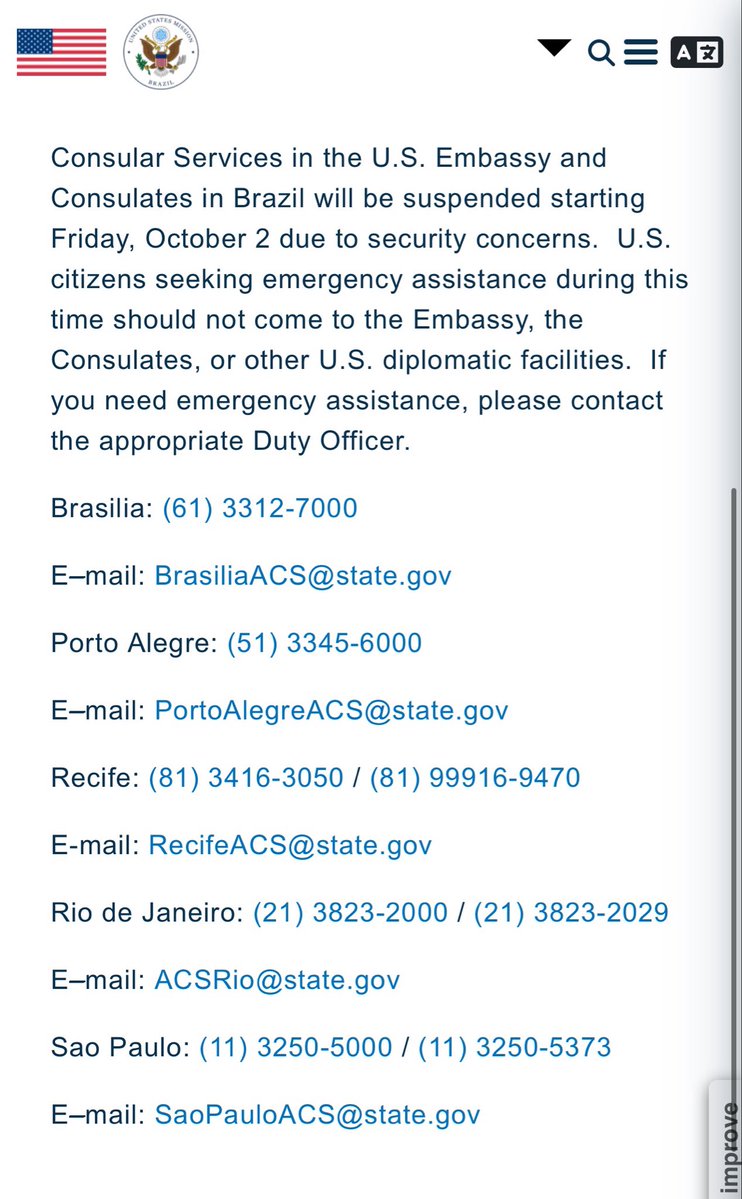 SamPancher's tweet photo. Após ameaças, o governo dos EUA anunciou que nenhuma de suas representações diplomáticas no Brasil vão funcionar nesta sexta-feira.

Isso inclui os consulados em Brasilia, Porto Alegre, Recife, Rio de Janeiro e Sao Paulo. https://t.co/OSDkrBOmju