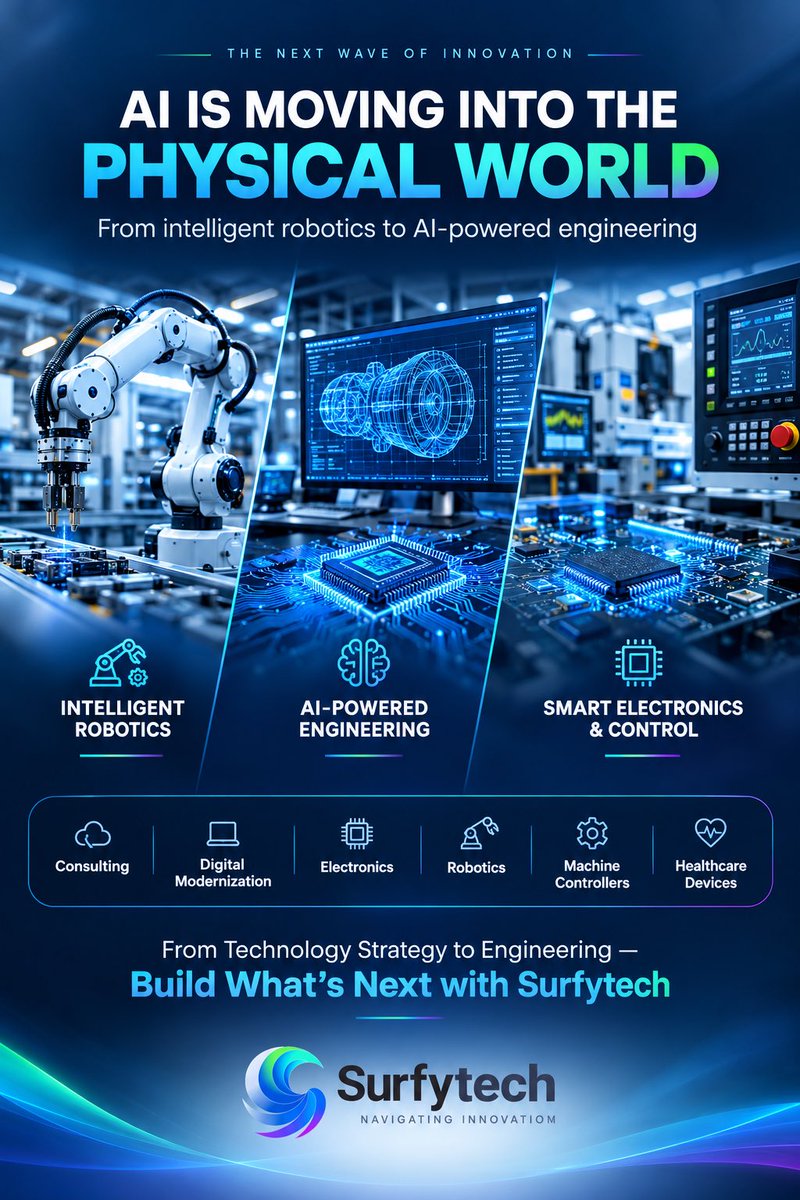 surfytech's tweet photo. AI is moving into the physical world. 🤖

From intelligent robotics and AI-powered engineering to smart electronics and machine control, the next technology wave is connecting intelligence with physical systems.

Surfytech helps businesses innovate, build &amp; transform. https://t.co/gAdVkmFUTP