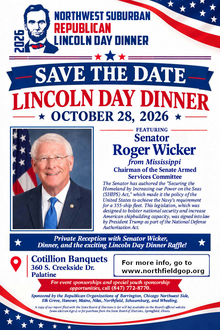 CookCountyGOP's tweet photo. The NW Suburban Lincoln Day Dinner is set for Oct. 28 at the Cotillion in Palatine, and will feature Mississippi Senator Roger Wicker. This is one of the most anticipated Republican events of the year, and it raises money to support ten township GOP organizations. Click on the link to reserve your spot:

https://t.co/E8noNslR3D