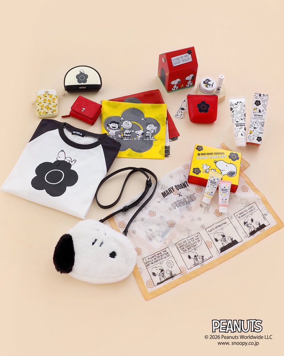 maryquantjp's tweet photo. 11.4 [Wed] NEW ARRIVAL
MARY QUANT×PEANUTS
https://t.co/Vn6D3uizPv
世界中で愛されるPEANUTSとの
初のコラボレーションが発売。
コスメアイテムからファッションアイテムまで、PEANUTSの魅力を詰め込んだポップでキュートなコレクション。
手に取るたび笑顔がこぼれるアイテムをお見逃しなく。
※なくなり次第終了

【先行予約について】
マリークワントオンラインショップにて、
ファッションアイテムのみ2026年10月28日(水)10:00 より先行予約受付
【発売日について】
全国SHOP、オンラインショップにて2026年11月4日(水)発売

#MARYQUANT #マリークワント #peanuts #snoopy