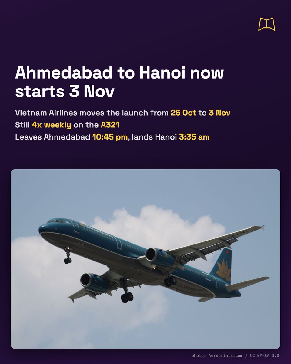 MagnifyClub's tweet photo. Vietnam Airlines now starts Ahmedabad to Hanoi on 3 November instead of 25 October. It is still 4 flights a week on the A321, leaving Ahmedabad at 10:45 pm and landing in Hanoi at 3:35 am. https://t.co/KJcaPHw5Ud