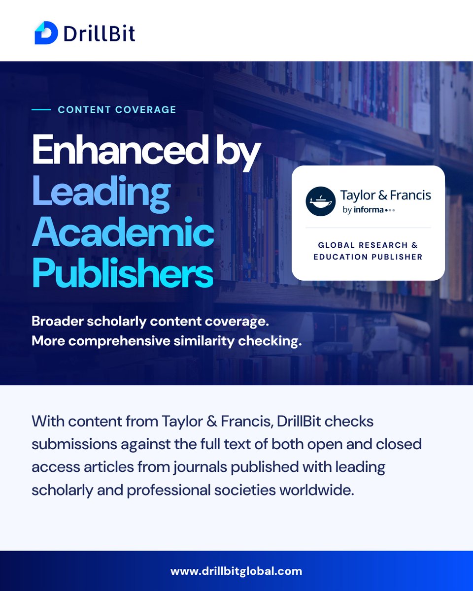 Drillbitglobal's tweet photo. 📢 Big news for academic integrity.

DrillBit now checks submissions against Taylor &amp; Francis content: multidisciplinary journals across the humanities, social sciences, science and technology.

Thank you, Taylor &amp; Francis, for your support.

🔗 https://t.co/WC5AUhTRAe https://t.co/OScxWbcZKP