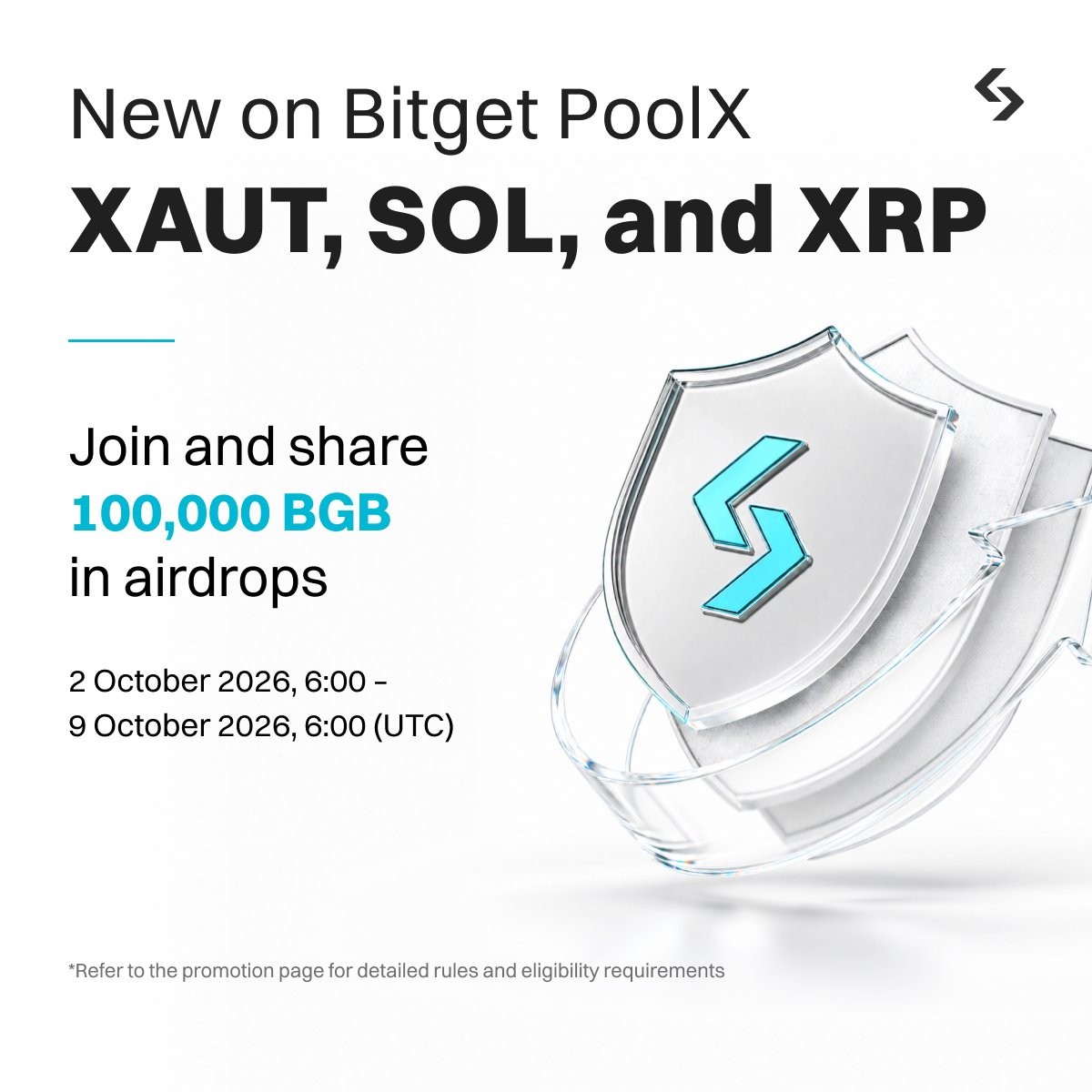 bitget's tweet photo. Bitget PoolX: lock $XAUT, $SOL or $XRP to share a 100,000 $BGB airdrop.

> No lock-up. Unlock your funds whenever you want.

📅 Period: Oct 2, 06:00 – Oct 9, 06:00 (UTC)