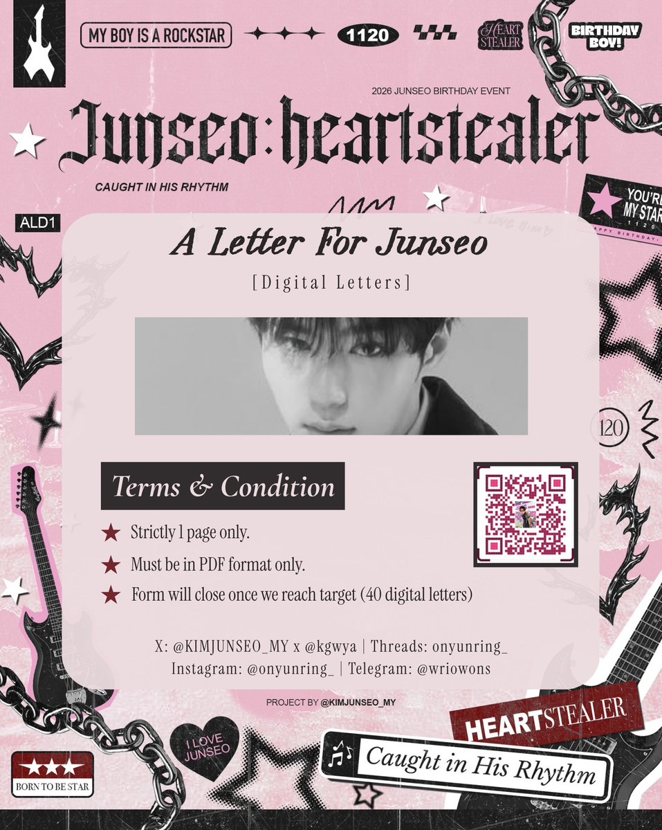 KIMJUNSEO_MY's tweet photo. KIM JUNSEO BIRTHDAY LETTER PROJECT x @kgwya

🎸⋆⭒˚｡⋆ Let’s fill Junseo’s birthday with your love &amp; warm wishes!

Digital Letter: https://t.co/FLruWsrr9I
Physical Letter: Refer to the poster for details!

#JUNSEOHEARTSTEALER #KIMJUNSEO #김준서 #ALPHADRIVEONE https://t.co/cHqI3G8MLx