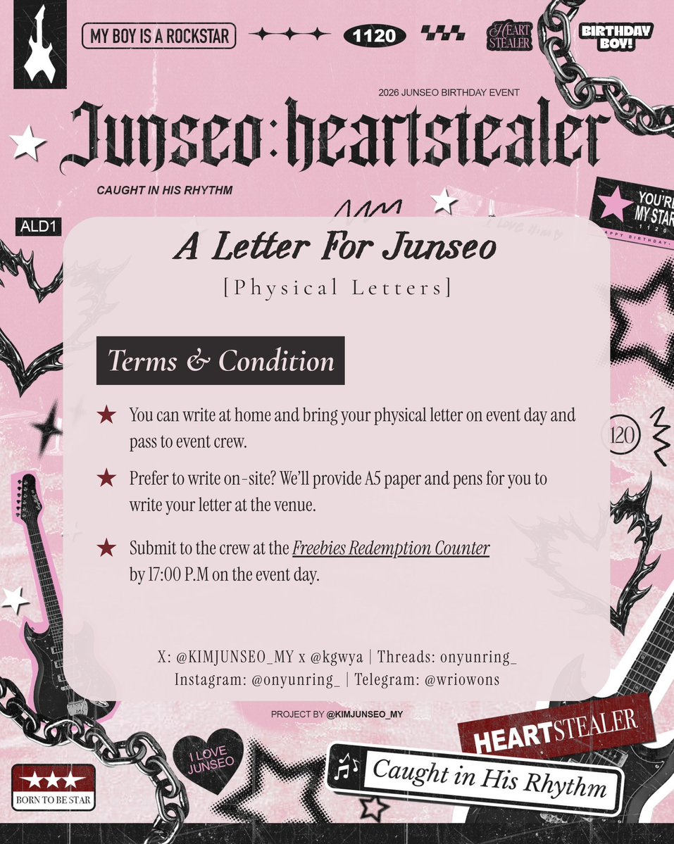 KIMJUNSEO_MY's tweet photo. KIM JUNSEO BIRTHDAY LETTER PROJECT x @kgwya

🎸⋆⭒˚｡⋆ Let’s fill Junseo’s birthday with your love &amp; warm wishes!

Digital Letter: https://t.co/FLruWsrr9I
Physical Letter: Refer to the poster for details!

#JUNSEOHEARTSTEALER #KIMJUNSEO #김준서 #ALPHADRIVEONE https://t.co/cHqI3G8MLx