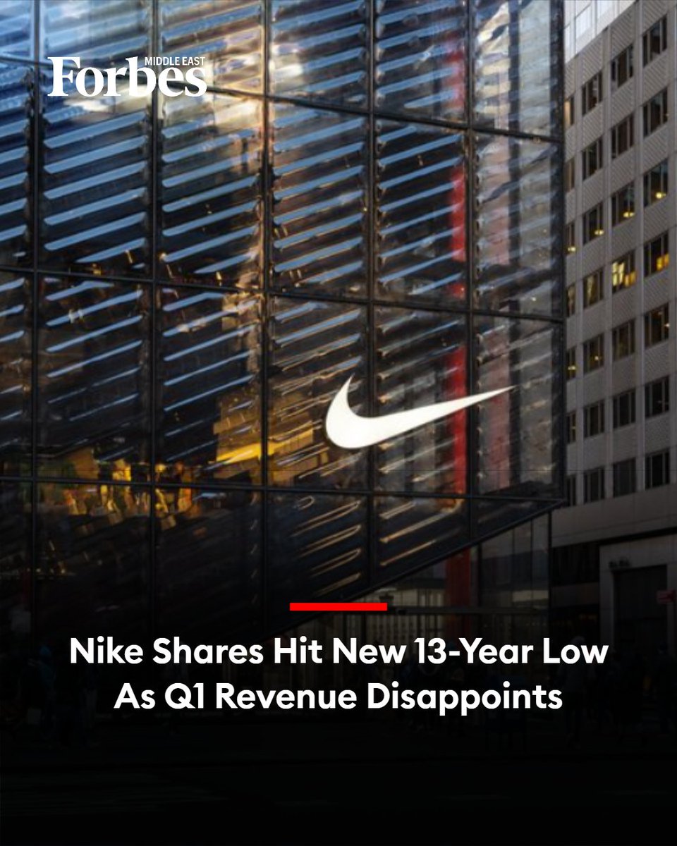 Forbes_MENA_'s tweet photo. #Nike’s stock fell to a new 13-year low after reporting first-quarter earnings showing underperforming revenue of $11.2B and a declining income outlook.

#Forbes

For more details: https://t.co/HcyBYZDeLl https://t.co/kfdPZSGZC1
