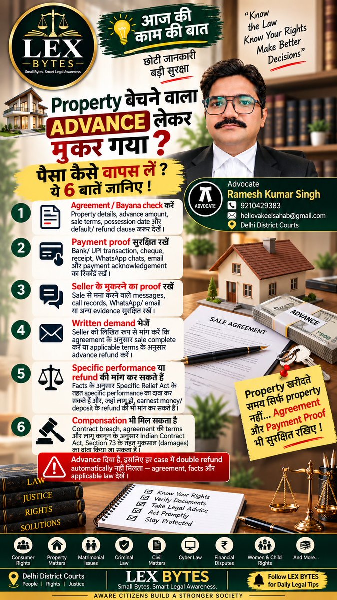 lexbyts's tweet photo. 🏠 PROPERTY बेचने वाला ADVANCE लेकर मुकर गया? 💰 पैसा कैसे वापस लें?

#LexBytes #PropertyDispute #PropertyLaw #Bayana #AdvancePayment #PropertyDeal #SpecificPerformance #LegalAwareness #KanooniJankari #IndianLaw #PropertyBuyer #RealEstateLaw #LegalRights #AgreementToSell https://t.co/5kCCfPOb55