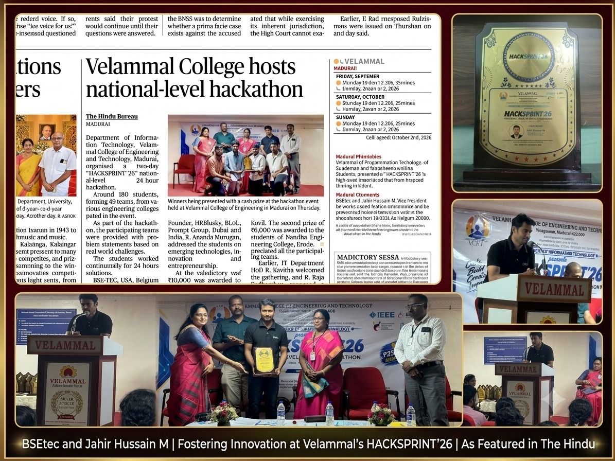 BSEtech's tweet photo. A proud moment for the BSEtec family! Our Vice President, Jahir Hussain M, graced HACKSPRINT’26 as Chief Guest at Velammal College of Engineering and Technology. #BSEtec #HACKSPRINT26 #VelammalCollege #TechLeadership #Hackathon2026 #CodeReview #InnovationInTech #NextGenDevelopers https://t.co/WVY4rdVIBj