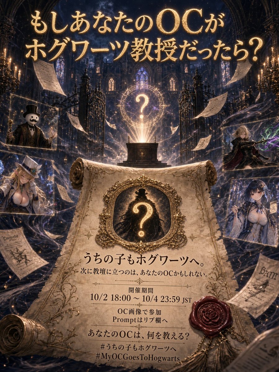 LowAngleMuse's tweet photo. 【もしあなたのOCがホグワーツ教授だったら？｜正式開催】
【If Your OC Were a Hogwarts Professor｜Now Open】
#プロンプト配布
🪄 AIで、あなたのOCを正統派ホグワーツ教授にしてみませんか？

ねえ、ねえ——！
今日、ホグワーツ魔法魔術学校が
あなたの「うちの子」のために、
特別に研究室をひとつ空けてくれたそうです。🕯️✨

AIにあなたのOC画像を渡すだけで、ぱっ！と
その子だけの「担当科目」と「教授ポスター」が完成します。📚

あなたの「うちの子」が
ホグワーツでどんな授業を教えるのか、
気になりませんか？

ぜひ気軽に遊んでみてください✨

━━━━━━━━━━
🗓 開催期間
10/2（金）18:00 ～ 10/4（日）23:59 JST
━━━━━━━━━━
📜 参加方法
① ご自身のOCを用意
② リプ欄の参考Prompt＋OC画像で生成
③ ハッシュタグ #うちの子もホグワーツへ #MyOCGoesToHogwarts を付けて投稿
④ 必ずキャラクターの「名前」を入れてください

参加回数に制限はありません。
別のOCでも大歓迎ですし、
同じOCで違う授業方向を試してみるのもOKです。

━━━━━━━━━━
✨ 参考Promptについて
共通Promptはリプ欄に置いてあります。
そのままコピーしてもOK、自由に調整してもOKです。

冒頭の
「OC名 / OC Name」
「出力言語 / Output Language」
を必要に応じて記入し、
OC画像を添えればすぐ始められます。

━━━━━━━━━━
⚠️ 注意事項
・本企画は全年齢向けです。過度な性的表現、暴力的・グロテスクな表現はお控えください
・Xの利用規約・ルールを守ってご参加ください
・ご自身のOC作品をご使用ください
・画像だけ＋ハッシュタグだけだと流れやすいため、短くても一言コメントを添えるのがおすすめです
・Xの表示仕様上、すべての投稿がハッシュタグ検索に表示されるとは限りません
　主催側でもできるだけ拝見しますが、すべてに個別返信できない場合があります。あらかじめご了承ください

━━━━━━━━━━
教授たちの時間割、
一枚ずつゆっくり見ていこうと思います。

最後に並ぶのは、
戦闘魔法の先生たちなのか。
それとも、
誰も予想しなかった不思議な専門科目たちなのか……。

あなたの「うちの子」の名前が、
ホグワーツの教室の扉に刻まれるのを楽しみにしています。📖✨