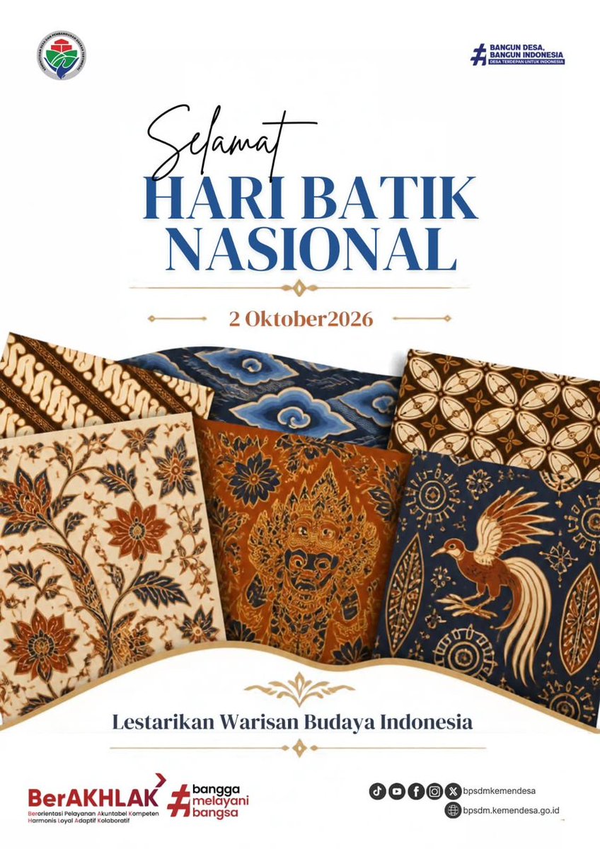 bpsdmkemendesa's tweet photo. ✨ Selamat Hari Batik Nasional 2026! ✨

Mari terus bangga mengenakan batik sebagai wujud cinta dan apresiasi terhadap warisan budaya Indonesia. Bersama, kita lestarikan batik agar tetap hidup, berkembang, dan dikenal hingga generasi mendatang. 🇮🇩 https://t.co/eA4OTulHks