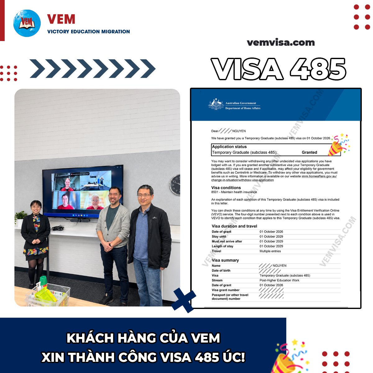 vemvisavn's tweet photo. 🎊 KHÁCH HÀNG CỦA VEM ĐƯỢC CẤP VISA 485 ÚC 🎊
🔥 VEM xin chúc mừng khách hàng vừa được cấp Visa 485 Úc (Graduate Temporary Visa – subclass 485) chỉ sau 3 ngày nộp hồ sơ!
✔️ Ngày VEM nộp hồ sơ: 28/09/2026
✔️ Ngày cấp visa: 01/10/2026
👉 https://t.co/BtZFhvZkhI https://t.co/hCiF8KSyTI