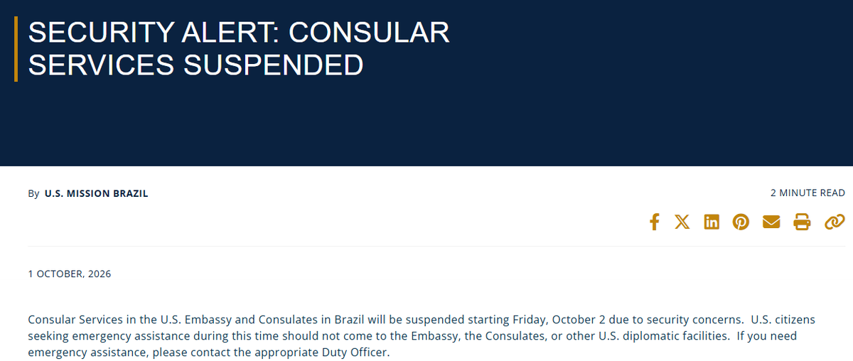 MarioNawfal's tweet photo. 🚨🇺🇸🇧🇷 BREAKING: The US just suspended consular services at its embassy and every consulate in Brazil as the country heads into Sunday's election

The mission's security alert says nothing beyond "security concerns," telling Americans to stay away from the embassy in Brasília and every consulate starting Friday and to call a duty officer if they have an emergency.

Washington doesn't close every consular door in the biggest country in South America on a hunch, so whatever threat it's seeing is specific.

Source: U.S. Embassy & Consulates in Brazil / Writer: Daniel
