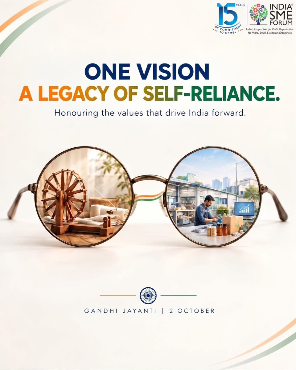 SMEForumIndia's tweet photo. The strength of a nation is built by the people who keep moving it forward.

For generations, Indian entrepreneurs have transformed ideas into enterprises, challenges into opportunities and businesses into livelihoods contributing to the growth of communities and the economy.

Today, MSMEs continue to play a vital role in shaping India’s progress, driven by ambition, perseverance and the courage to build.

This Gandhi Jayanti, India SME Forum celebrates the spirit of enterprise that continues to strengthen Bharat, one business at a time.

#GandhiJayanti #MSMEs #Entrepreneurship #IndiaSMEForum #EnterpriseIndia