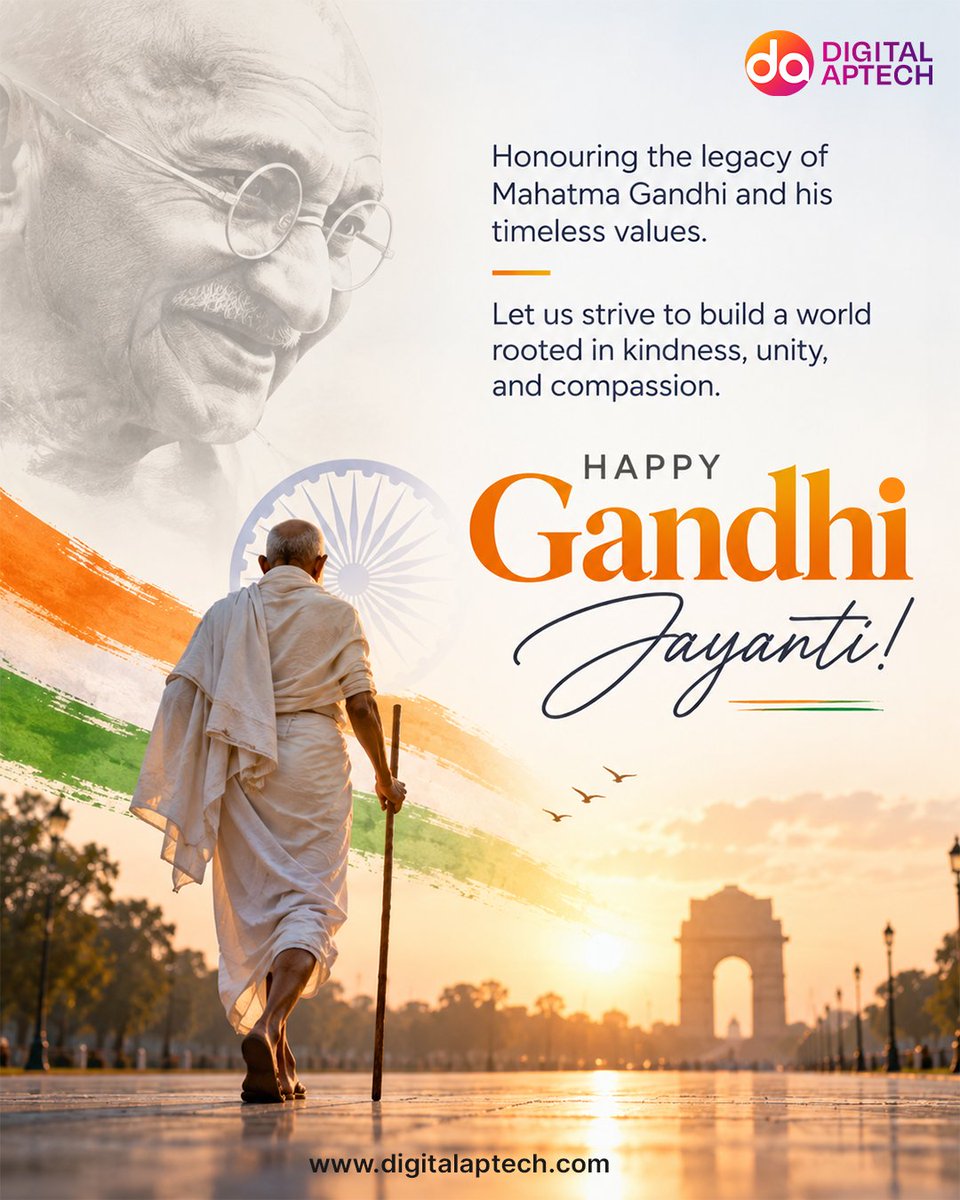 DigitalApTech's tweet photo. Be the change that you wish to see in the world." On this Gandhi Jayanti, let’s reflect on the power of non-violence, empathy, and collective harmony. Together, we can pave the way toward a brighter, more compassionate tomorrow.
Happy Gandhi Jayanti!
#GandhiJayanti #MahatmaGandhi https://t.co/MPYslso2ZI