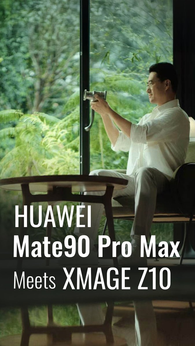 Huawei CEO He Gang holds a camera up to a window overlooking lush greenery, with text overlay reading "HUAWEI Mate90 Pro Max Meets XMAGE Z10," promoting the flagship smartphone series featuring the Kirin 9050 Pro chip with LogicFolding architecture and its photography-focused XMAGE Z10 capabilities.