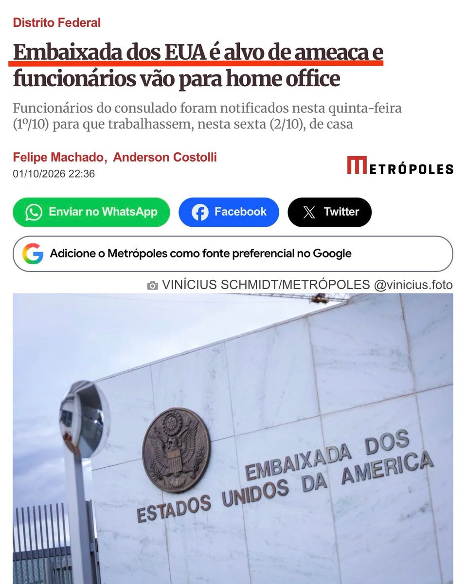 SidnelsonEu's tweet photo. INFORMAÇÃO que surge é de que a Embaixada dos Estados Unidos foi alvo de ameaça no decorrer do dia de ontem.

Devido ao ocorrido o Serviços Consulates dos EUA SUSPENDEU IMEDIATAMENTE as atividades nos consulados pelo Brasil por questão de segurança.

Se o Presidente for REELEITO, o Brasil será UM CAOS!