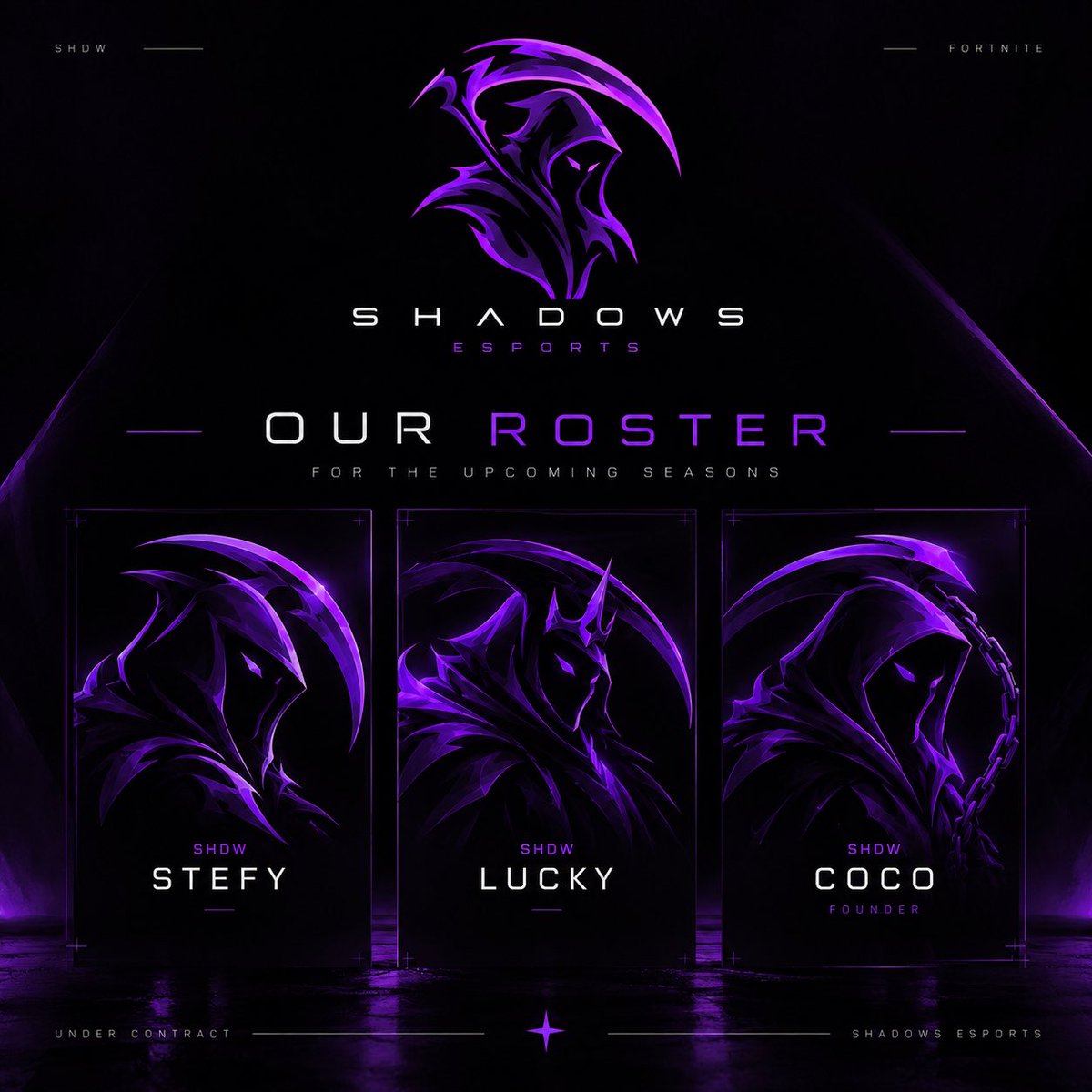 ShadowEsportsHQ's tweet photo. OUR ROSTER. 🌑

SHDW Stefy
SHDW Lucky
SHDW Coco 

Ready for the upcoming Fortnite season.
#SHDW | Move in silence. https://t.co/nDHOaBtw5G