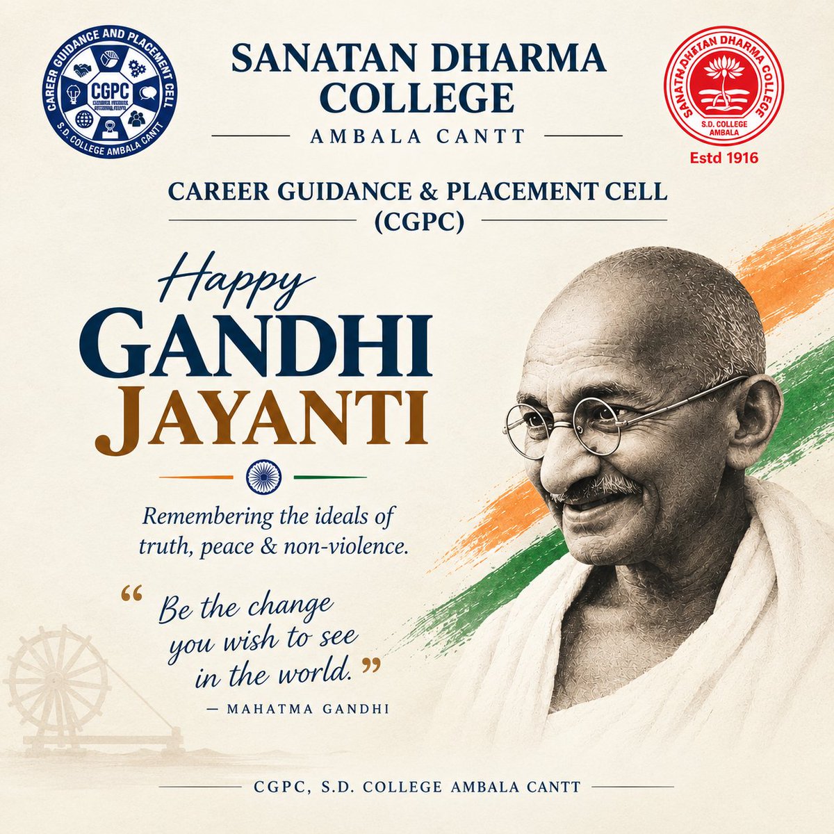 cgpcsdc's tweet photo. 🇮🇳 Happy Gandhi Jayanti!
Remembering the ideals of truth, peace &amp; non-violence. 🕊️
— CGPC, S.D. College Ambala Cantt
#GandhiJayanti #CGPC #SDCollegeAmbala https://t.co/mXzdpIiKXI